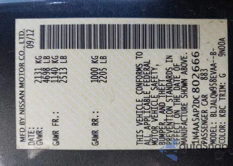 2013 Nissan Maxima 3.5 S z USA, uszkodzony, nr VIN 1N4AA5AP2DC802666